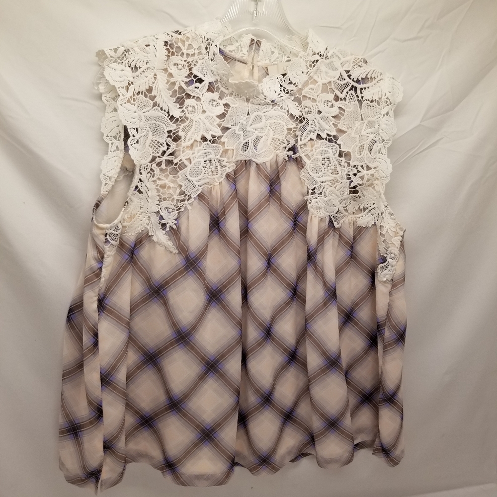 Loft Ann Taylor Womans Size L Multicolor Plaid Lace Mock Yoke Neck Sleeveless